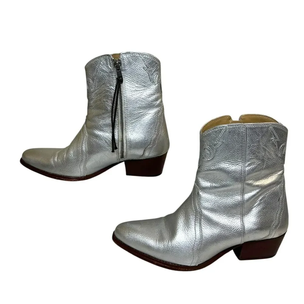Free People Women's 'New Frontier' Leather Western Bootie Silver Size 38 EU 8 US